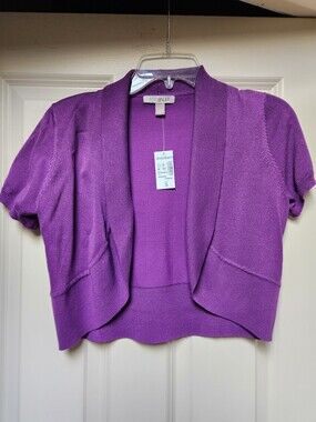 Roz & Ali Purple Short-Sleeve Open Cardigan Shrug Sweater - S, NWT